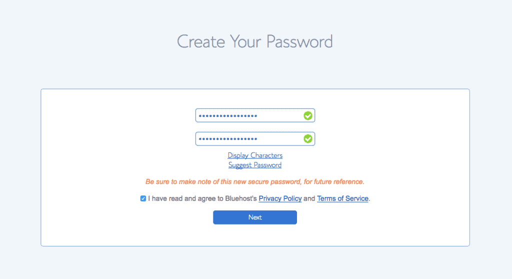 create a password with bluehost